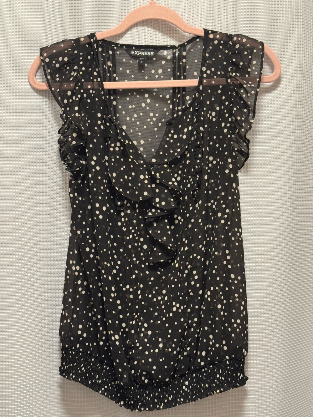 Express Women’s Small Black White Polka Dot Sheer Ruffle Blouse
